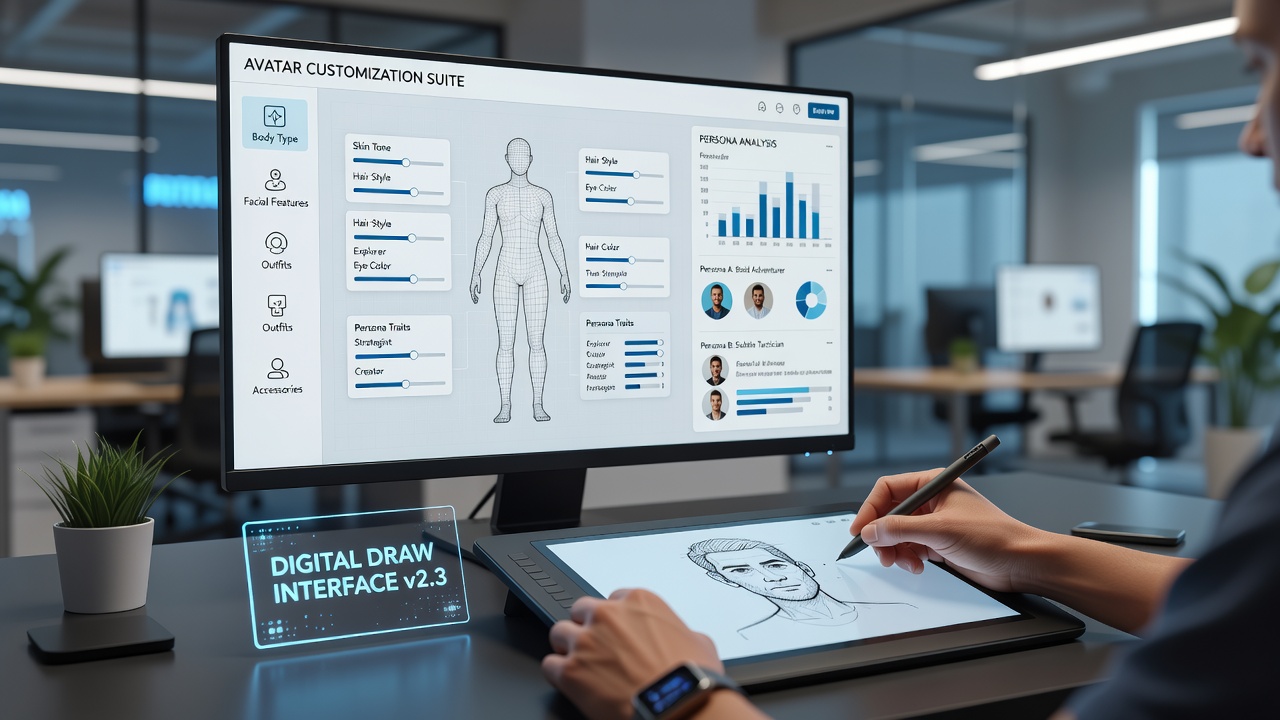 Players exploring avatar customization tools in a digital draw game interface showing various style options and persona previews