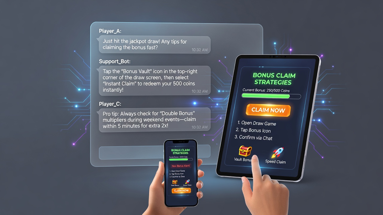 Mobile screen displaying chat interface alongside bonus claim options in a digital draw game application
