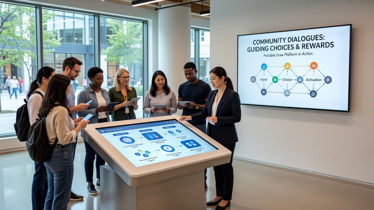 Group of mobile users reviewing reward activation steps and transaction confirmations within a portable draw platform chat interface