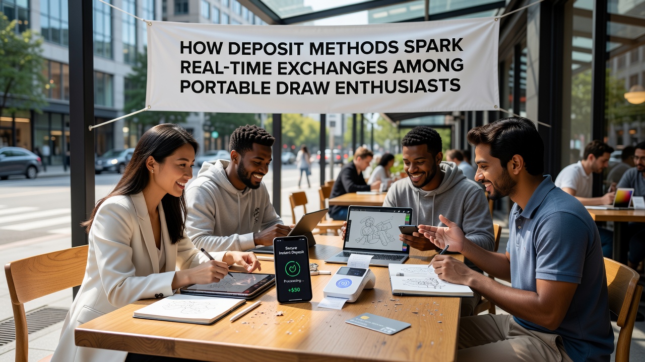 Group of portable device users exchanging messages after completing deposits in a digital draw game