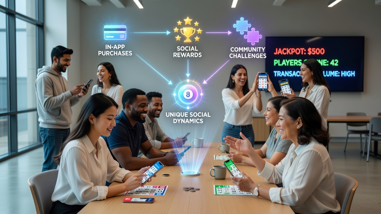 Group of players on mobile devices engaging in bingo chat while processing different transaction types on their screens