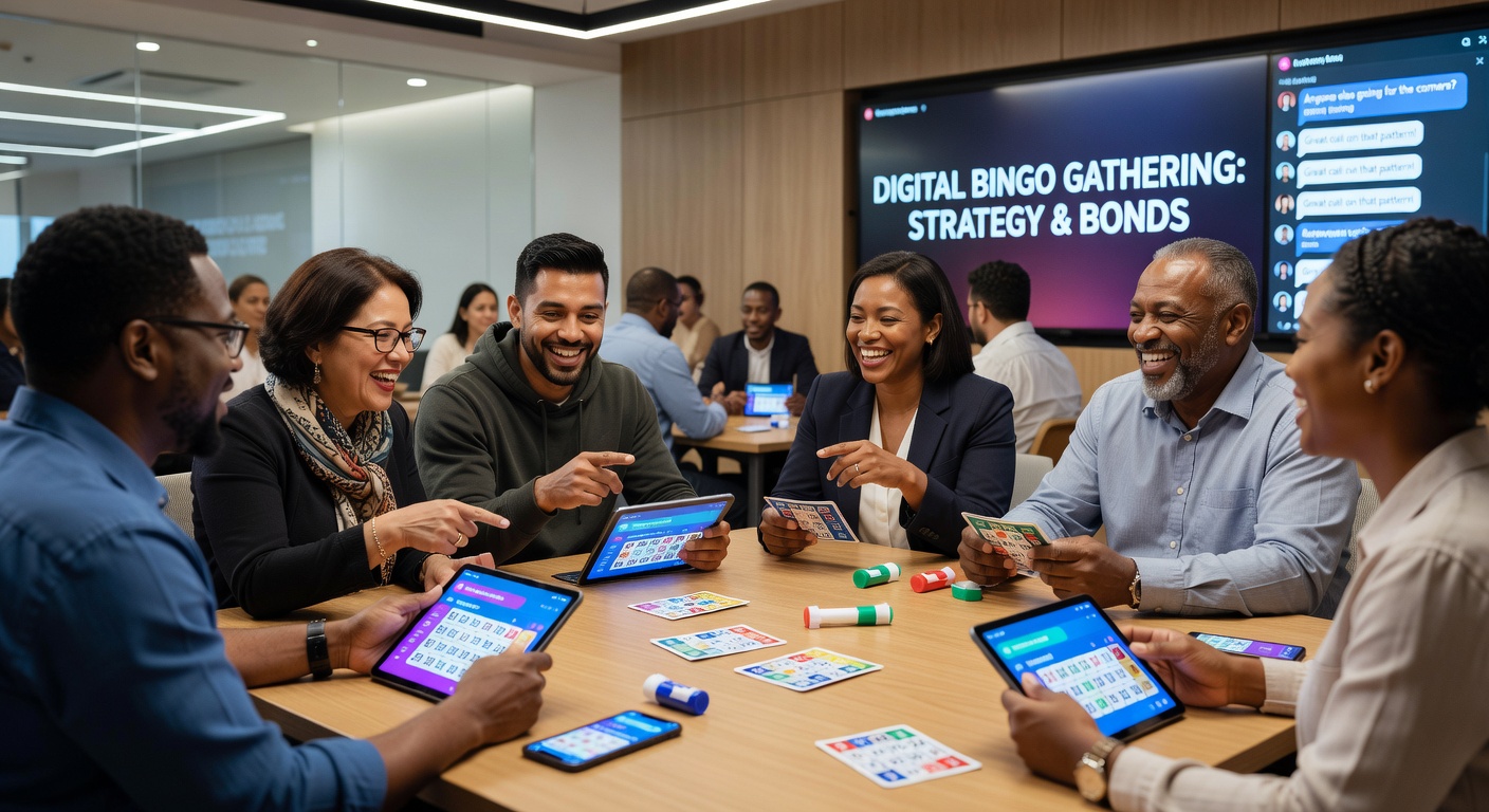 Group of diverse players smiling while chatting online during a bingo game with strategy notes visible on side panels