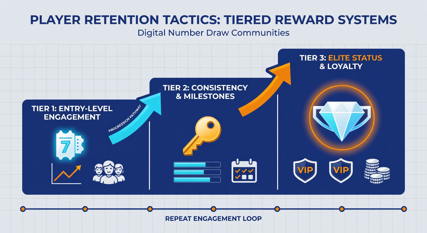 Screenshot example of a player dashboard displaying current tier status, accumulated points, and upcoming reward unlocks in a number draw community