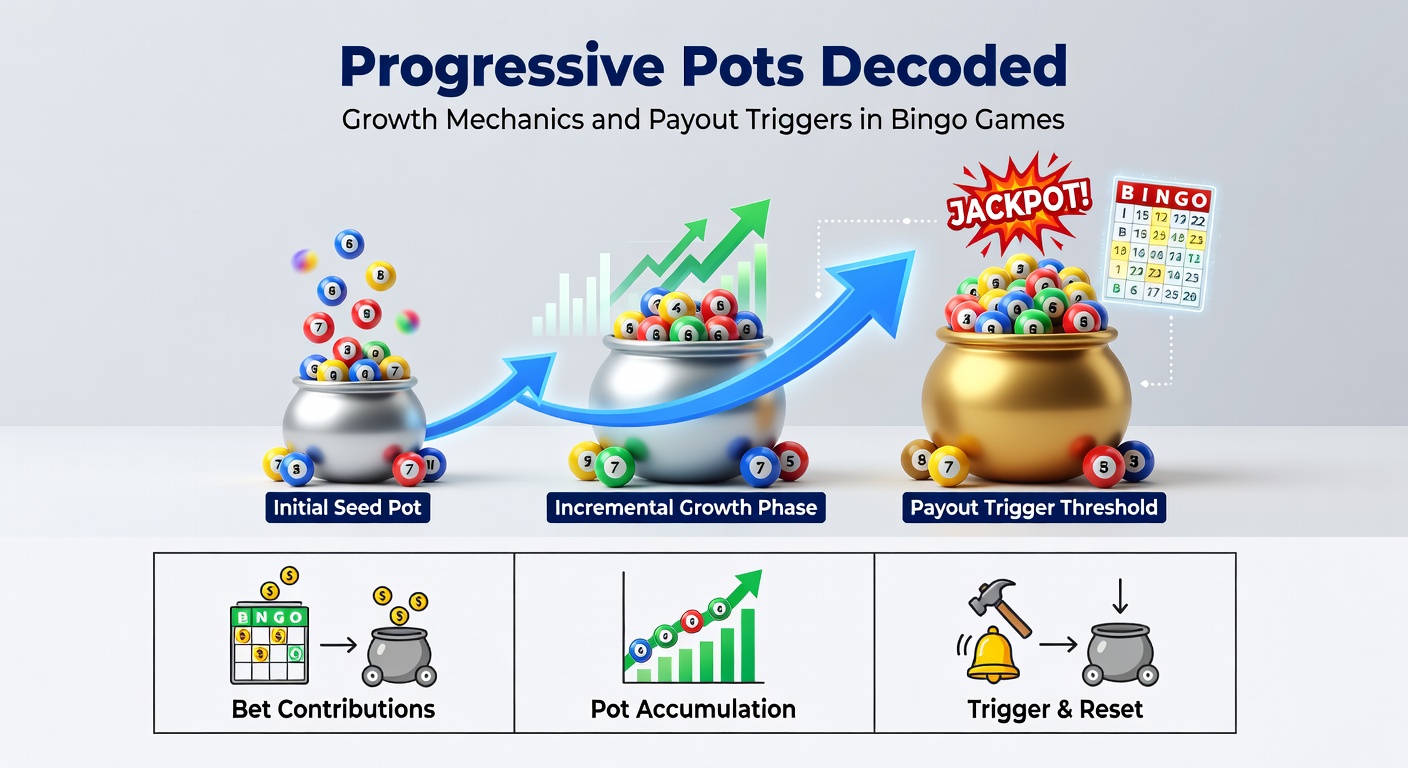 Digital illustration of a growing jackpot pot overflowing with bingo balls and coins in an online bingo interface